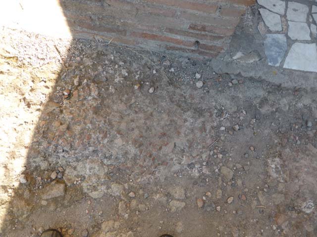 II.2 Herculaneum, September 2015. Threshold of second doorway to room on north side of peristyle in north-east corner..