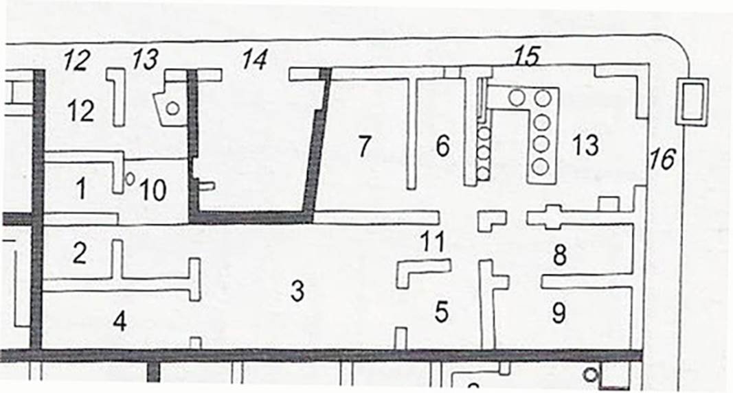Herculaneum IV.12-13; 15-16, plan of house and linked areas.
Entrances at 12 and 13 serve the house living quarters.
1 and 2 are two living rooms, on west side of fauces 10, with two well-heads.
Atrium 3 has an impluvium in centre.
Cubiculum 4 opens onto atrium. 
Small triclinium 5, in which was conserved the central emblema in opus sectile.
Corridor 11, from this corridor the living quarters connect with the bar room and connected rooms, in room 13, served by entrances at 15 and 16 was the grand counter room with evidence of traces of a latrine in the south-east corner.
The rear rooms 6 and 7 on west side of shop-room, and a large room on the south side, subdivided by a rough screen into the actual rooms 8 and 9, all were rooms for the clients to sit and eat.
On the wall of the screen in room 6 is a graffito....... (page 337)
See Pesando, F. and Guidobaldi, M.P. (2006). Pompei, Oplontis, Ercolano, Stabiae. Editori Laterza, (p.336-7)
