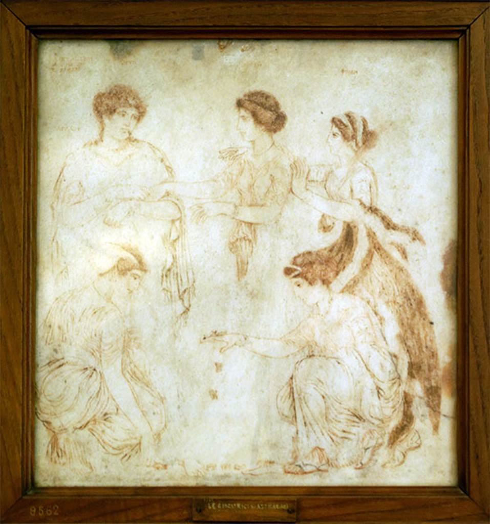 V 7, Herculaneum. Found 24th May 1746. Painting on marble showing five girls, two playing knuckle bones.
Now in Naples Archaeological Museum. Inventory number 9562. 
According to Guidobaldi and Esposito, this small painting on white marble, signed by Alexandros of Athens, and originally enlivened by a rich polychromy, bears a Greek inscription identifying the figures: Phoebe who tries to pacify Leto and Niobe, while Ileira and Aglaia play knucklebones.
See Guidobaldi M., Esposito D., 2013. Herculaneum: Art of a Buried City. New York: Abbeville Press, (p. 61-62).
