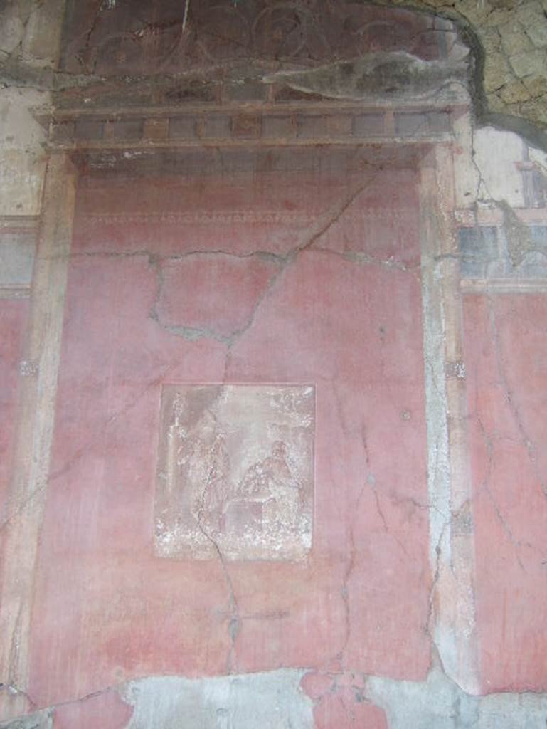 V.35 Herculaneum, October 2020.  
Triclinium 1, wall painting showing Silenus, seated between two satyrs, observing Ariadne and Dionysus, from centre panel of north wall.
Photo courtesy of Klaus Heese.
