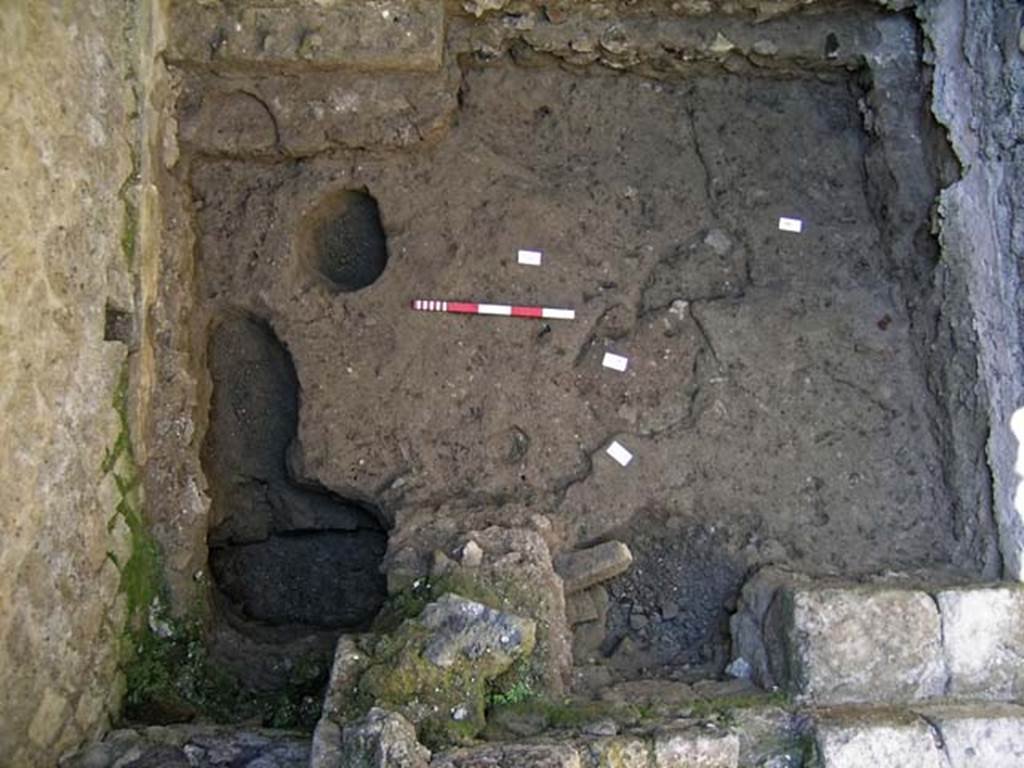 VI.12, Herculaneum. September 2005. Investigation of floor in rear-room (4).
Looking down on floor of rear room, with steps down in north-west corner, in lower right. 
Photo courtesy of Nicolas Monteix.
