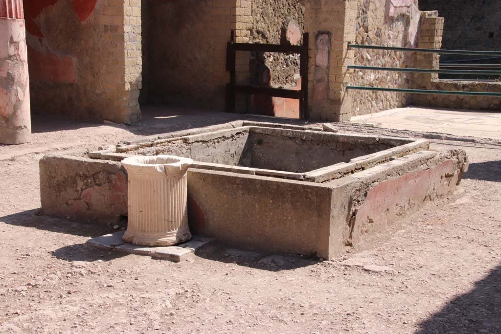 Ins. Or.I.2, Herculaneum. May 2018. Looking north across impluvium in atrium, with remains of coloured stucco. 
Photo courtesy of Buzz Ferebee.
