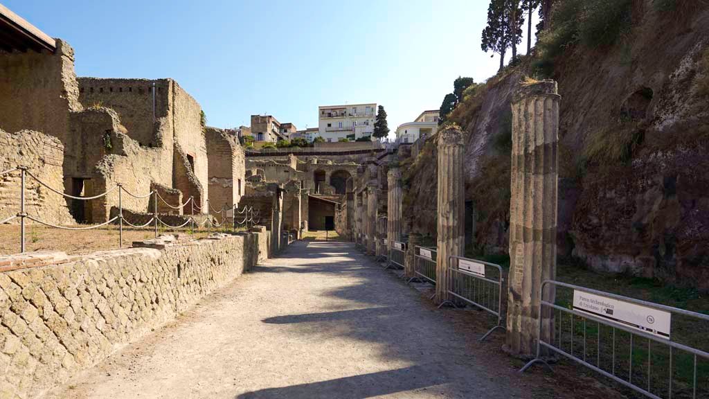 Ins. Orientalis II.4, Herculaneum, December 2004. Looking west across large terraced area, to two rooms on north side of entrance hall.
Photo courtesy of Nicolas Monteix.
