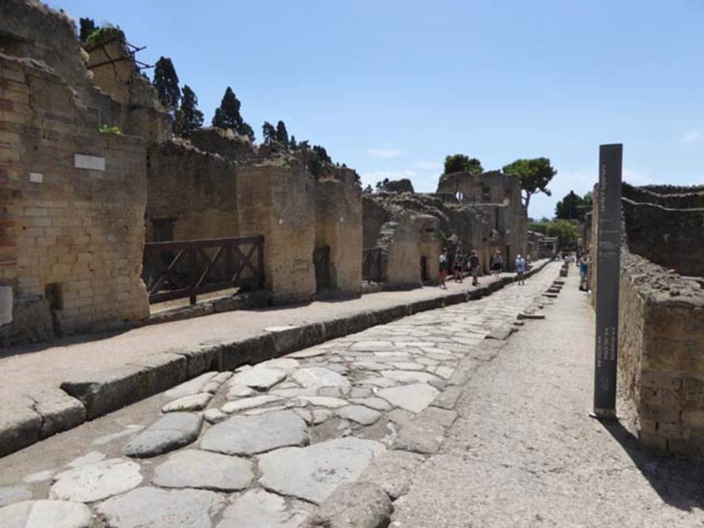 Cardo V. Superiore, Herculaneum, July 2015. Looking south-east along length of roadway, from outside Ins. Or. II.18, on left, and V.21, on right.  Photo courtesy of Michael Binns.
