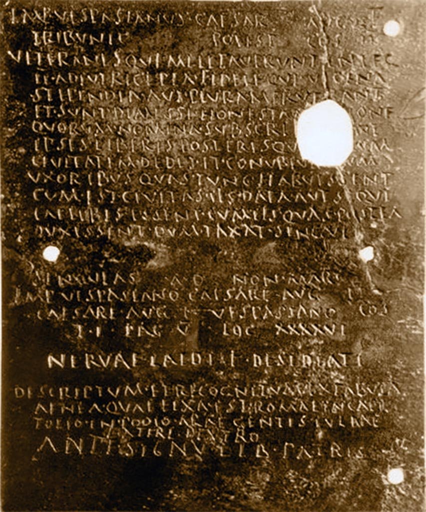 Herculaneum, but provenance unknown. Outside of tablet 1, part 1 of the diploma.
Bronze military diploma of Nerva Desidiatus, son of Laidus.
Now in Naples Archaeological Museum, inventory number 3725.

