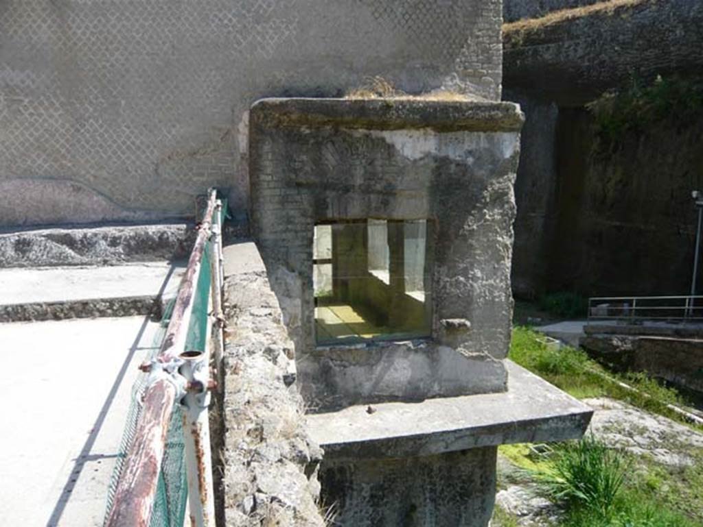 Suburban baths, Herculaneum, August 2013. Looking east from terrace of Balbus, into window ofroom with three windows overlooking the sea, probably used as a waiting room.  Photo courtesy of Buzz Ferebee.
