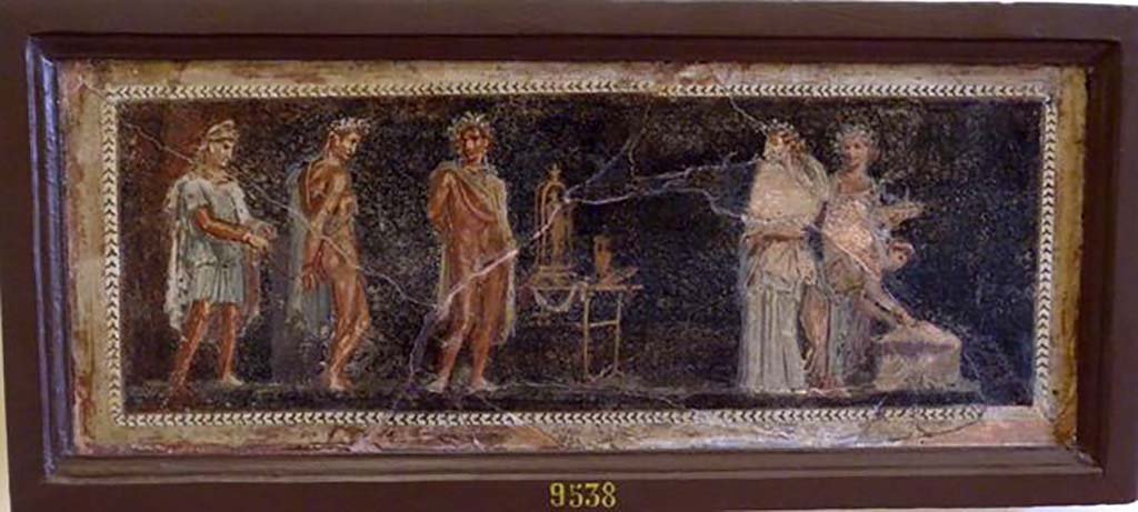 Ercolano Casa vicino al Teatro or Herculaneum House near the Theatre. Painting of Orestes and Pylades in front of Iphigenia.
Now in Naples Archaeological Museum. Inventory number 9538.
See Bragantini, I and Sampaolo, V., Eds, 2009. La Pittura Pompeiana. Verona: Electa, p. 157. 

