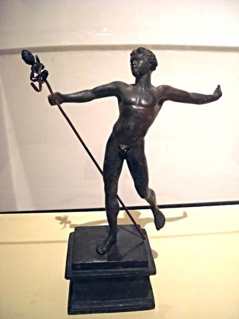 Villa dei Papiri, Herculaneum. Dancing Faun statuette. Found in 1754 on south side of entrance to peristyle.
Now in Naples Archaeological Museum. Inventory number 5292.
