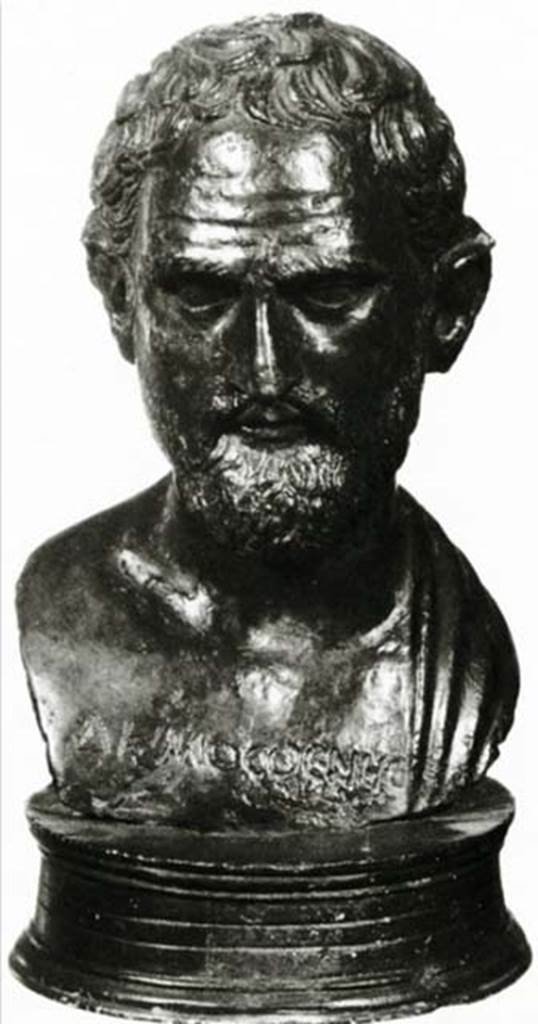 Villa dei Papiri, Herculaneum. Bronze bust of Demosthenes. Found in 1753, North of the tablinum.
Now in Naples Archaeological Museum. Inventory number 5467.
