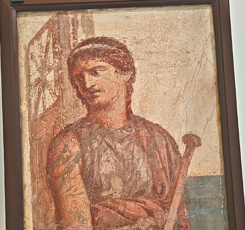 Herculaneum Augusteum. April 2023. Detail from painting of Medea, inv. 8976. 
On display in “Campania Romana” gallery in Naples Archaeological Museum.  Photo courtesy of Giuseppe Ciaramella.
