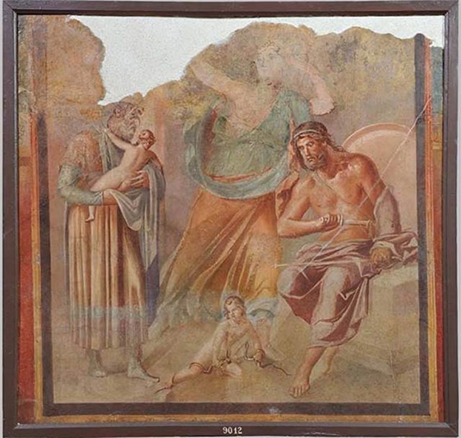 Herculaneum Augusteum. Found 3/12/1739. Hercules strangling the snakes.
Now in Naples Archaeological Museum. Inventory number 9012.
See Le Antichita di Ercolano esposte Tomo 1, Le Pitture Antiche di Ercolano 1, 1757, Tav 7,33.
