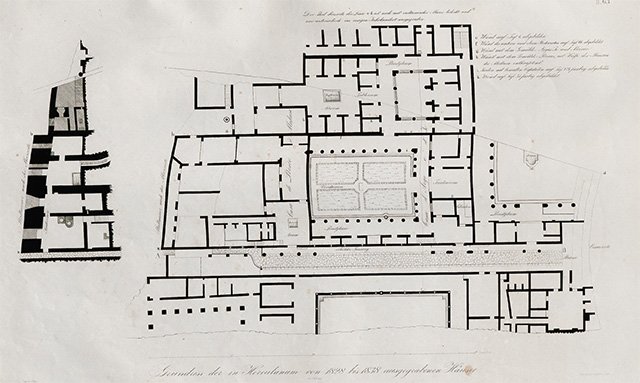 II.1 Herculaneum,1842, drawing by Zahn. Plan showing the houses discovered between 1828 until 1838, (described as) at the side of the sea, not far from the theatre. 
This consists of II.1 lower floor, separately on left, II.1 on left, II.2 in centre, and II.3 on right.
On the lower part of the roadway (Cardo III) is III.1, III.2, and III.3, on right.
See Zahn, W., 1842. Die schönsten Ornamente und merkwürdigsten Gemälde aus Pompeji, Herkulanum und Stabiae: II. Berlin: Reimer. (63)
