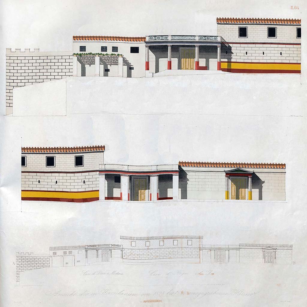 II.2 Herculaneum,1842, drawing by Zahn. Street view of the exterior façade of the houses discovered between 1828 until 1838, (described as by the side of the sea, not far from the theatre).
II.1 is on the left in the top drawing, with terrace overlooking the sea, and doorway shaded by a roof held up by four columns;
II.2 is on the left of the middle drawing, with an upper floor overlooking the roadway and a doorway shaded by a roof supported by four pilasters;
On the right is II.3, with its doorway shaded by a roof supported by two columns.
The lowest drawing is a complete vista on the west side of Cardo III, from II.1 up until II.3.
See Zahn, W., 1842. Die schönsten Ornamente und merkwürdigsten Gemälde aus Pompeji, Herkulanum und Stabiae: II. Berlin: Reimer. (64).
During the excavation there were still upper floors, whereas now there are only lower floors (other than some fragments of the upper) but one can see in several places the position of the beams of the planks for the upper floors, as well as the ceilings of the lower floors with their tiles. These Herculaneum wooden constructions, all charred, have been preserved, while those at Pompeii are rotten. Wooden doors and other wooden structures, have also been preserved in charcoal, so that the shapes are perfectly recognisable. The walls and columns are made of irregular stones, partly in brick and volcanic stones, partly in Opus reticulatum, stuccoed, and partly painted.
