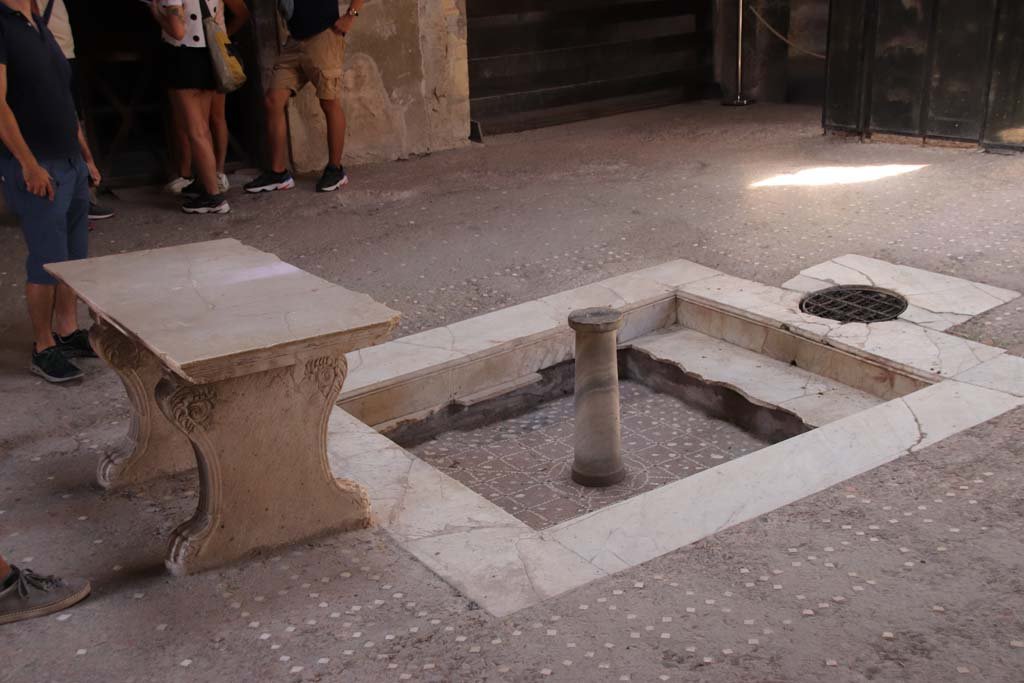 III.11 Herculaneum. September 2019.  
Room 6, looking south-west across impluvium and atrium floor of opus signinum decorated with a pattern of white tiling. 
Photo courtesy of Klaus Heese.
