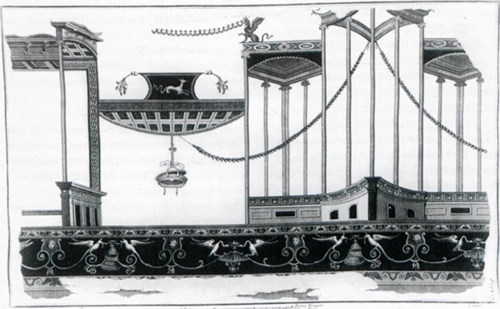 III.11 Herculaneum. 1757. Room 5. 1757 engraving by Gaultier of architectural design of upper part of wall.
Now in Naples Archaeological Museum. Inventory number 9741.
See Antichità di Ercolano: Tomo Primo: Le Pitture 1, 1757, p. 217, tav. 40.
See Allroggen-Bedel A., 2002. Gli scavi Borbonici nelle Ville Stabiane Pitture Antiche e Gusto Settecentesco. P. 103-4 and note 37, fig. 5.
