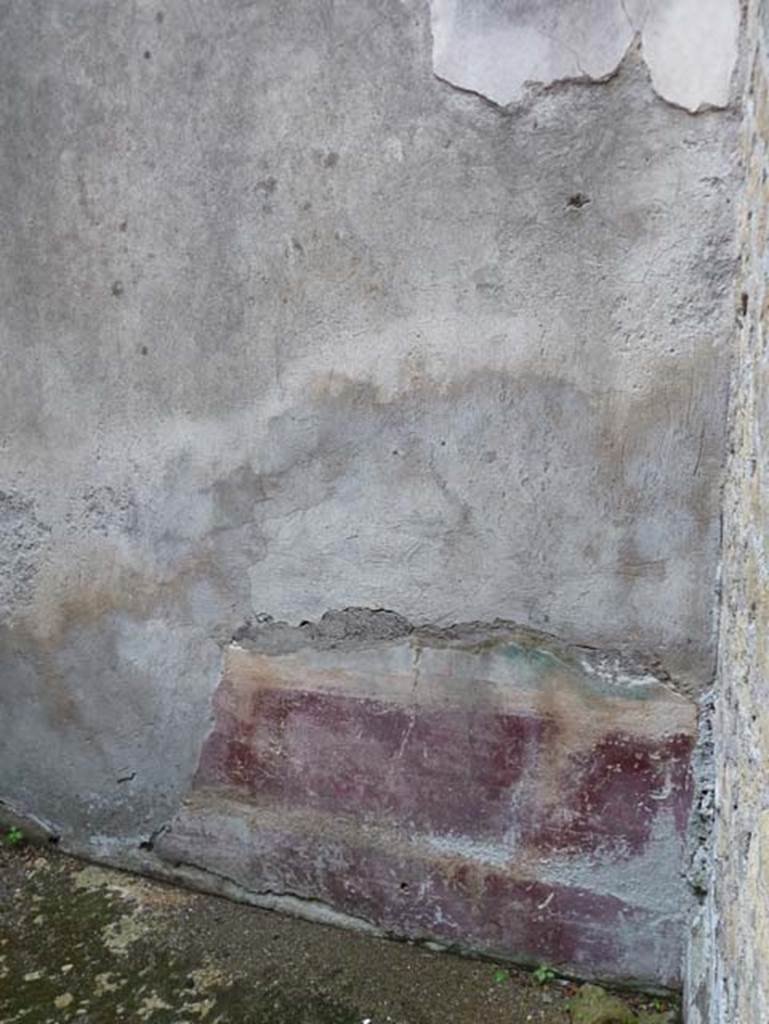 III.16, Herculaneum, September 2015. Room 7, north wall and north-east corner.
According to Guidobaldi and Pesando, this room at the rear of the tablinum may have originally been used as an internal courtyard to give light and air. It was then transformed into a living room, the wall decoration was preserved on the zoccolo with a red background and with the remains of some of the middle zone in blue.
See Pesando, F. and Guidobaldi, M.P. (2006). Pompei, Oplontis, Ercolano, Stabiae. Editori Laterza, (p.327)
