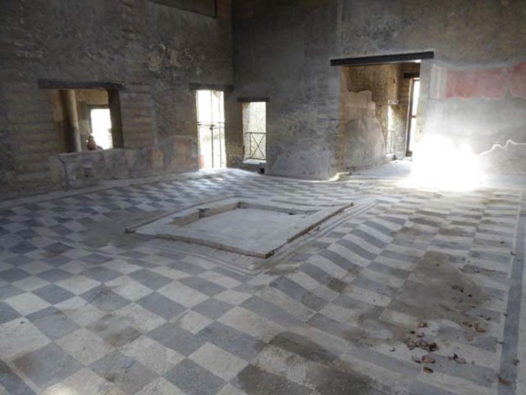 IV.2/1, Herculaneum, September 2016. Atrium, looking south-west towards entrance doorway, on right.  The doorway to the kitchen is in the centre, next to a doorway and window into the windowed portico.   Photo courtesy of Michael Binns.
