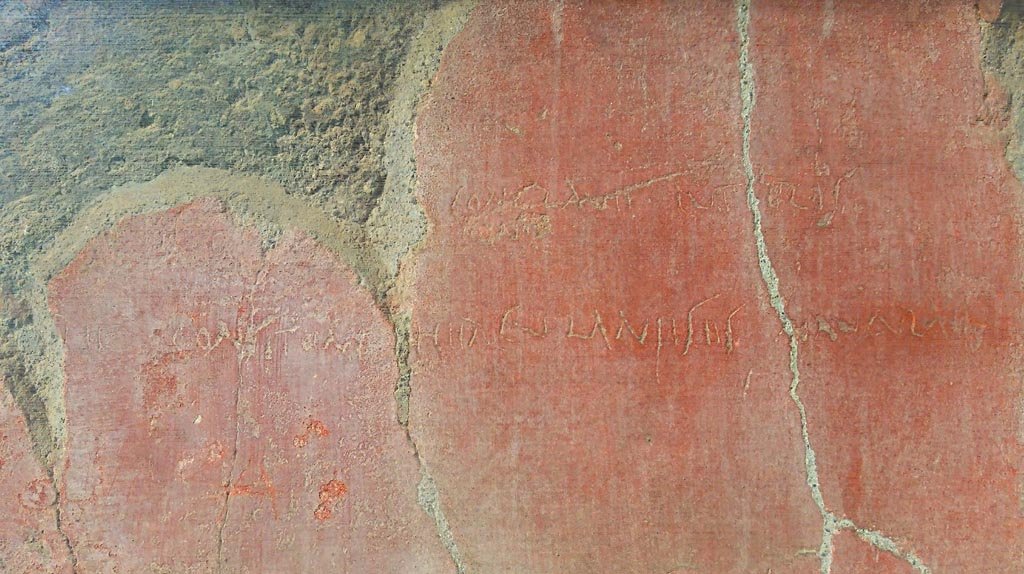 IV.8, Herculaneum, photo taken between October 2014 and November 2019.
South wall of long corridor, detail of graffiti. Photo courtesy of Giuseppe Ciaramella.
