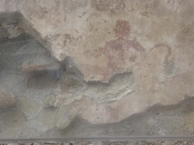 IV.17, Herculaneum, October 2015. Detail of the Priapus figure painted on the wall behind the sales counter.  Photo courtesy of Michael Binns.
