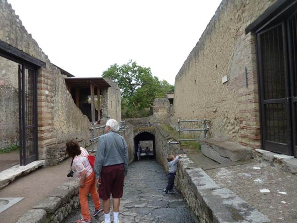 Cardo V Inferiore, Herculaneum, September 2015. Looking south between Ins. Or. I, 1 on left, and Ins.IV, 21 on right. 