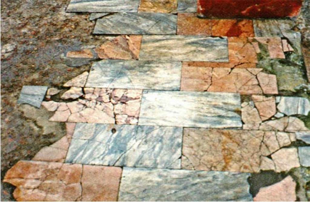 Herculaneum IV.21. Environment 18, opus sectile with rectangles arranged to overlap.
Photo  Sposito, Francesca, Area archeologica, Casa dei Cervi (IV,21), ambiente 18, opus sectile con rettangoli disposti a isodomo, in TESS  scheda 18419 (http://tess.beniculturali.unipd.it/web/scheda/?recid=18419 ), 2016