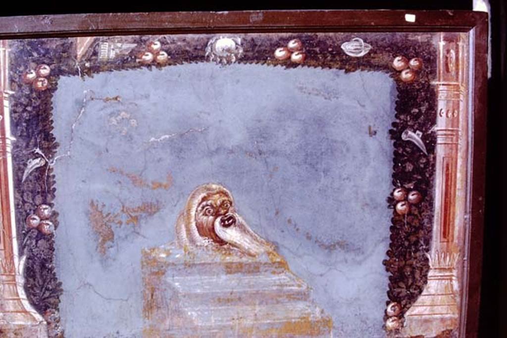 IV.21, Herculaneum. 1972. Triclinium 5, Bearded Mask, originally found and detached from west wall socle (zoccolo), on right side. 
Detached from the wall 20th – 21st June 1749. Photo by Stanley A. Jashemski. 
Source: The Wilhelmina and Stanley A. Jashemski archive in the University of Maryland Library, Special Collections (See collection page) and made available under the Creative Commons Attribution-Non-Commercial License v.4. See Licence and use details.
J72f0564
Now in Naples Archaeological Museum. Inventory number 9838.
See Tran Tam Tinh, (1988). La Casa dei Cervi a Herculanum. (p.43-44)
