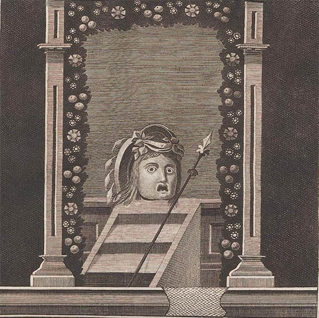 IV.21, Herculaneum. 1972. Triclinium 5, painting of Mask with thyrsus, originally found and detached from north wall plinth/dado/socle (zoccolo), on east end (right side).  
See Antichità di Ercolano: Tomo Quarto: Le Pitture 4, 1765, p. 175.
Now in Naples Archaeological Museum. Inventory number 9805.
SeeTran Tam Tinh, (1988). La Casa dei Cervi a Herculanum. (p.43-44)