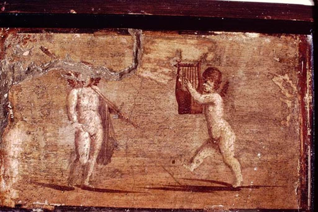 IV.21, Herculaneum. 1968. Small painting of cupids from enclosed portico, found 7th September 1748. Photo by Stanley A. Jashemski.
Source: The Wilhelmina and Stanley A. Jashemski archive in the University of Maryland Library, Special Collections (See collection page) and made available under the Creative Commons Attribution-Non-Commercial License v.4. See Licence and use details.
J68f0813 
Now in Naples Archaeological Museum. Inventory number 9176.
