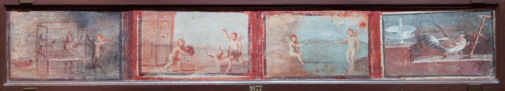 IV.21, Herculaneum. Frescoes of dancing cupids and a cockerel. 
Now in Naples Archaeological Museum. Inventory number 9177.
