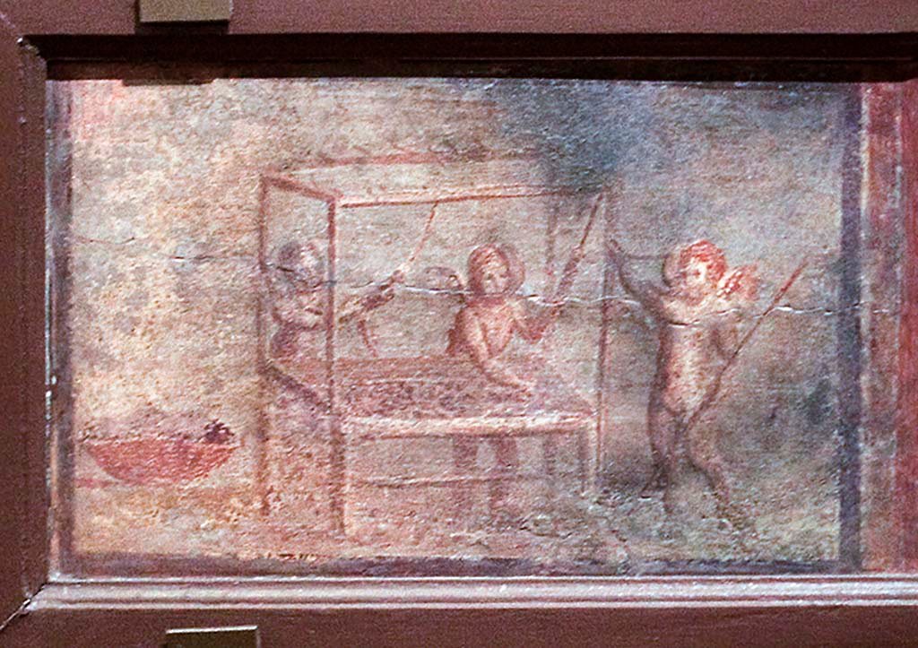 IV.21, Herculaneum. Small painting of Cupids weaving, found 13th August 1748 in the Scavi at Resina.
Now in Naples Archaeological Museum. Part of inventory number 9177.
