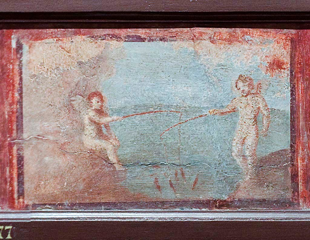 IV.21, Herculaneum. Small painting of Cupids fishing found 24th August 1748 in the Scavi at Resina.
Now in Naples Archaeological Museum. Part of inventory number 9177.
