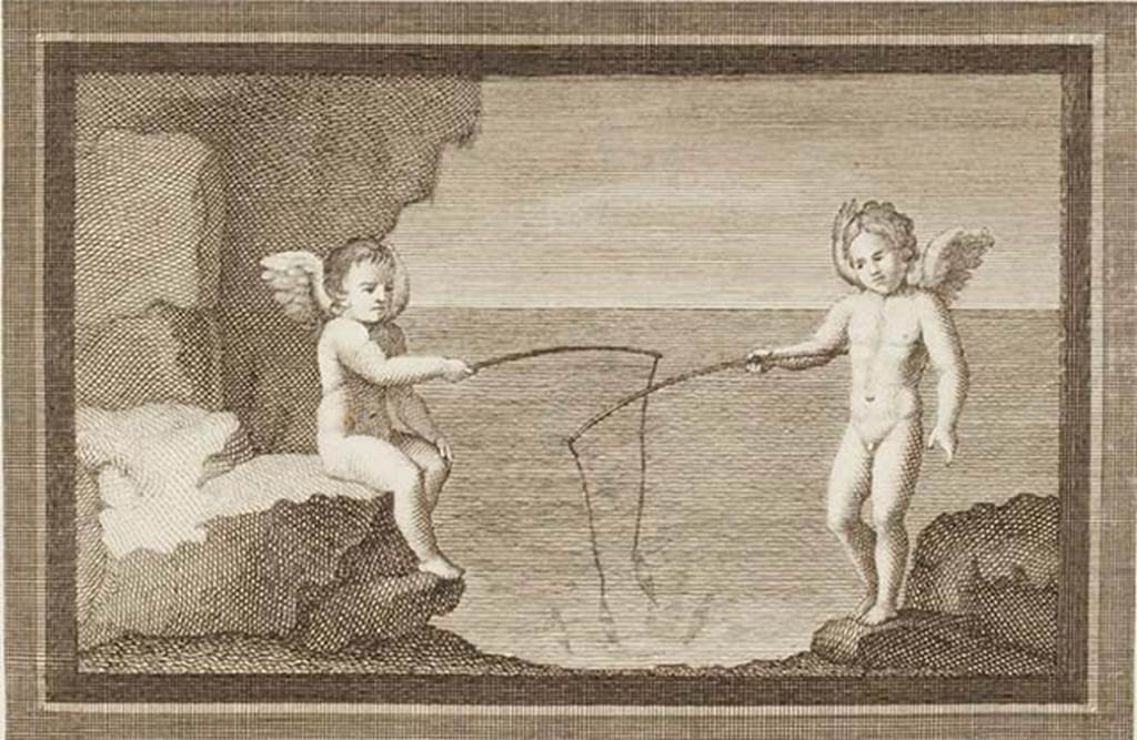 IV.21, Herculaneum. Small painting of Cupids fishing found 24th August 1748 in the Scavi at Resina.
See Antichità di Ercolano: Tomo Primo: Le Pitture 1, 1757, tav. XXXVI, p. 189
Now in Naples Archaeological Museum. Part of inventory number 9177.
