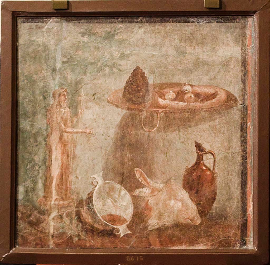 IV.21, Herculaneum. Still life, from Oecus 16. 
Now in Naples Archaeological Museum. Inventory number 8615.
See Tran Tam Tinh, 1988. La Casa dei Cervi a Herculanum. Roma: Giorgio Bretschneider. (p,73, fig.136, where it is described as from Oecus 29, see his plan).
