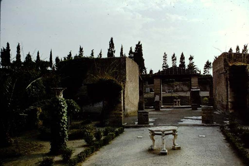 IV.21, Herculaneum. 1961. 
Looking south across garden area, through the large triclinium 15, towards the terrace with view over the sea. Photo by Stanley A. Jashemski.
Source: The Wilhelmina and Stanley A. Jashemski archive in the University of Maryland Library, Special Collections (See collection page) and made available under the Creative Commons Attribution-Non-Commercial License v.4. See Licence and use details.
J61f0599
