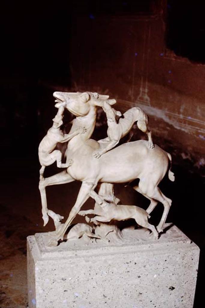 IV.21, Herculaneum. 1978. 
Statue of deer being attacked by hounds, on display in a room of the house.  Photo by Stanley A. Jashemski.  
Source: The Wilhelmina and Stanley A. Jashemski archive in the University of Maryland Library, Special Collections (See collection page) and made available under the Creative Commons Attribution-Non-Commercial License v.4. See Licence and use details.
J78f0522
