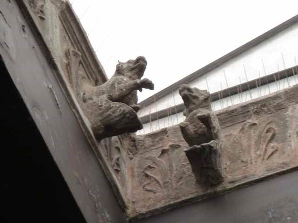 V.1 Herculaneum. May 2010. Detail of terracotta dog’s heads from compluvium in atrium. 