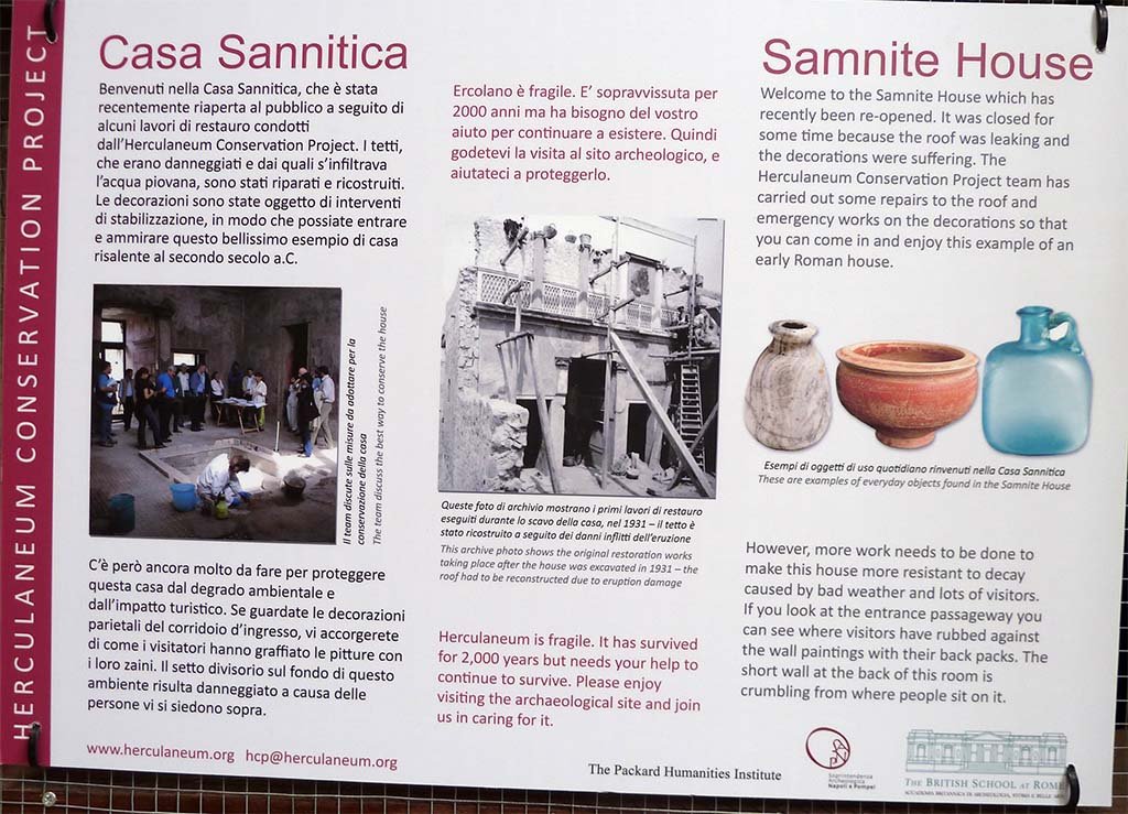 V.1 Herculaneum. May 2010. Noticeboard attached to doorway of room 9. 