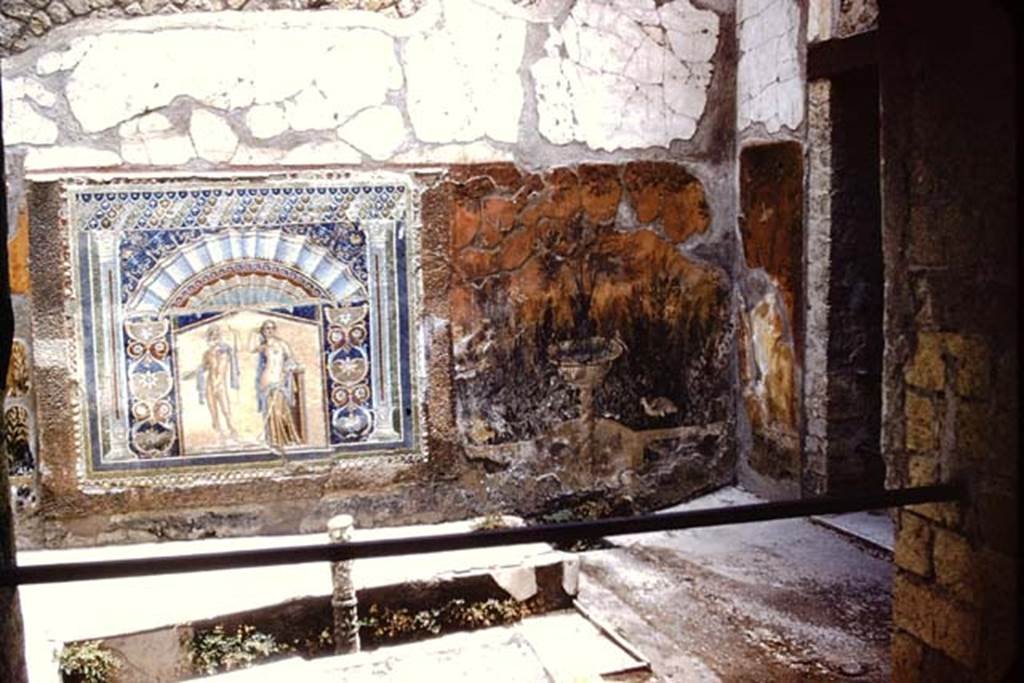 V.7 Herculaneum. 1955. Looking towards garden painting, with plants, fountain and birds.
Source: The Wilhelmina and Stanley A. Jashemski archive in the University of Maryland Library, Special Collections (See collection page) and made available under the Creative Commons Attribution-Non Commercial License v.4. See Licence and use details.
J55f0473
