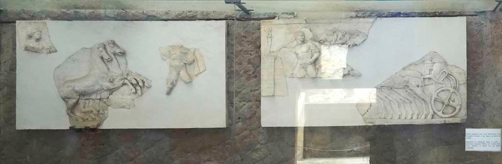 V.8 Herculaneum. August 2021. Room 7, fragments displayed on south wall. Photo courtesy of Robert Hanson.

