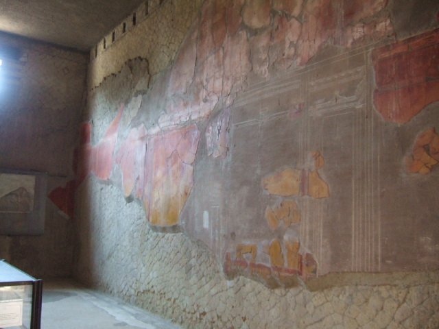 V.8, Herculaneum. October 2014. Room 7, detail from west wall. Photo courtesy of Michael Binns.  The middle areas of the walls were painted with a yellow background, this was then reddened by the heat of the volcanic surges.
