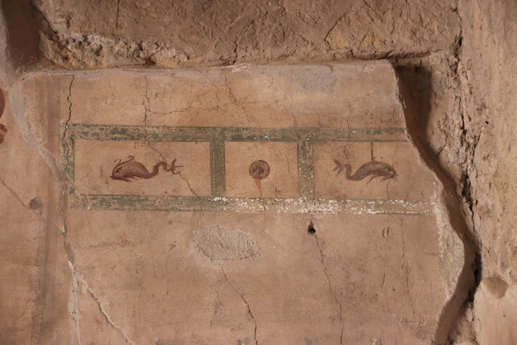V.8, Herculaneum. October 2014. Room 1, north wall of entrance hall, with detail of painted decoration from east end.  Photo courtesy of Michael Binns.
