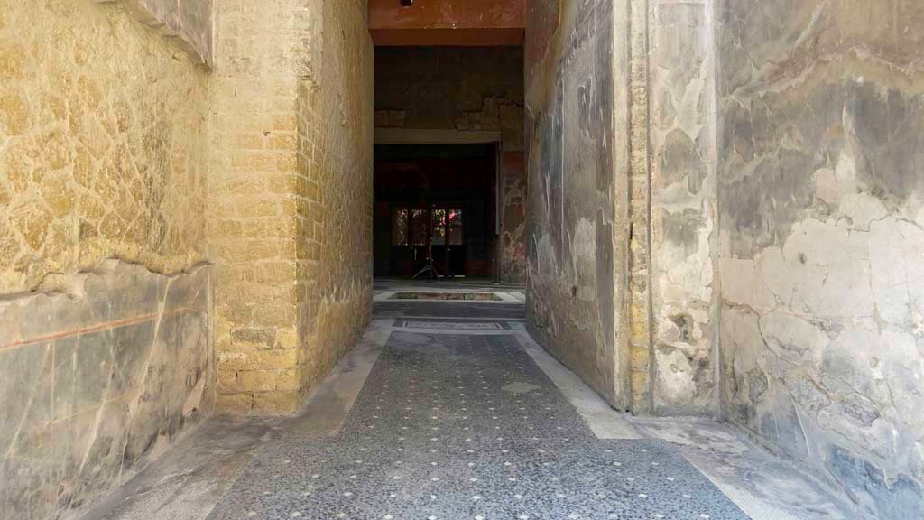 V.15 Herculaneum, August 2021. Looking south along mosaic in entrance corridor towards atrium. Photo courtesy of Robert Hanson.