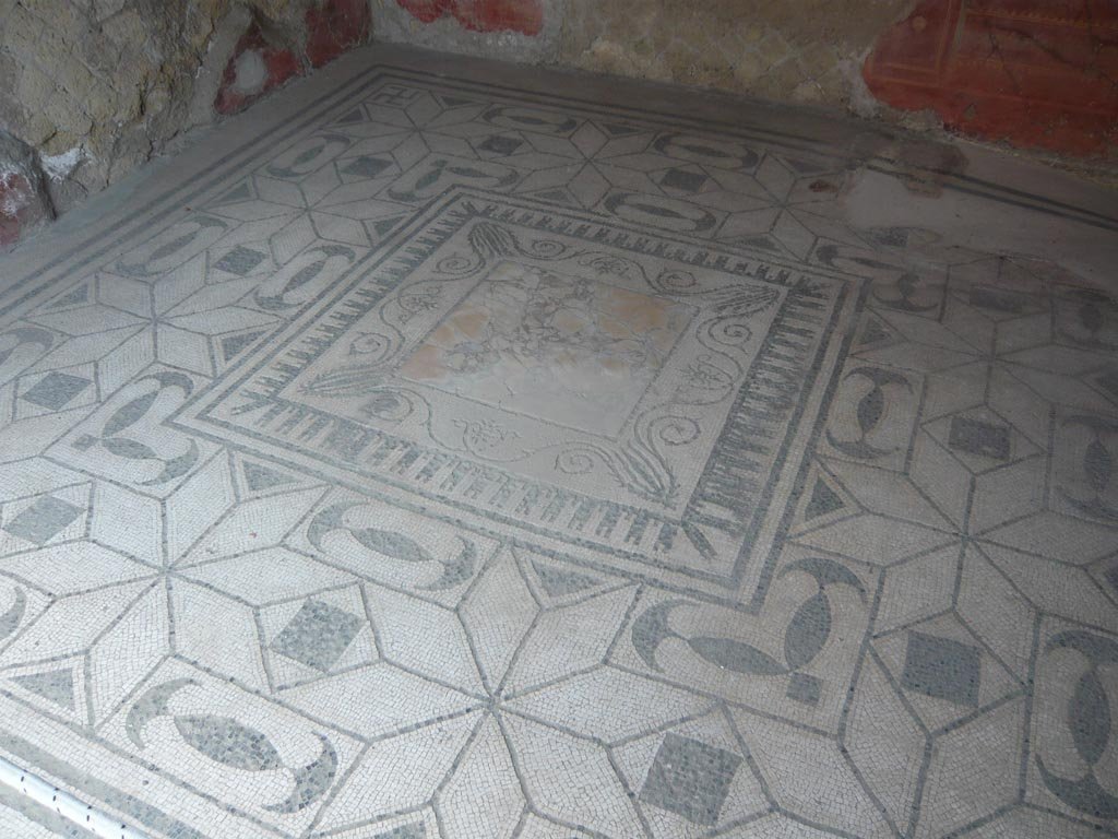 V.30 Herculaneum. August 2013. Oecus 1, mosaic flooring with central emblem. Photo courtesy of Buzz Ferebee.