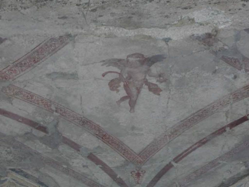 V. 30, Herculaneum. August 2013. Room 7, detail of  cherub on central flat part of painted ceiling. Photo courtesy of Buzz Ferebee.