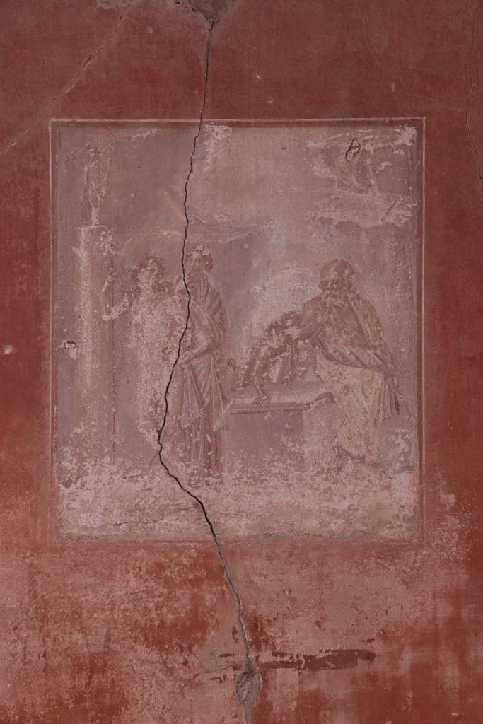 V.35 Herculaneum, October 2020.  
Triclinium 1, wall painting showing Silenus, seated between two satyrs, observing Ariadne and Dionysus, from centre panel of north wall.
Photo courtesy of Klaus Heese.
