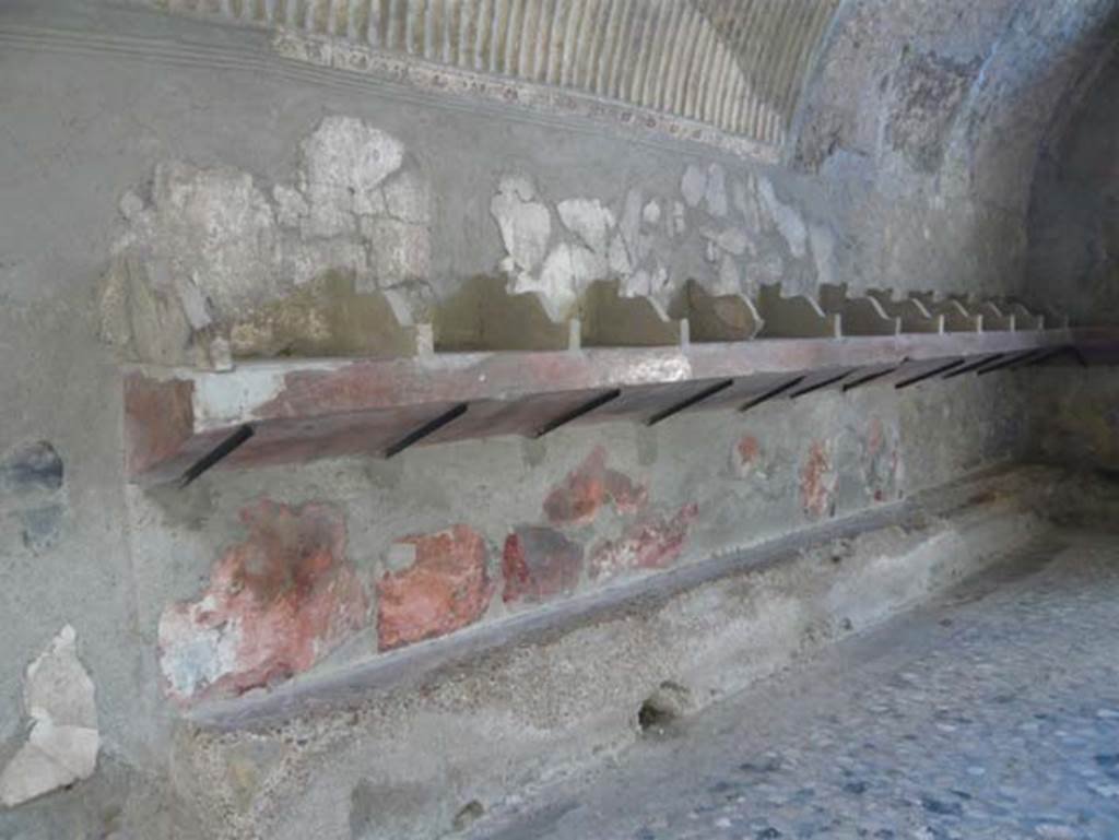 VI.1, Herculaneum. August 2013. East wall with bench with remains of red dado above, and above that the shelving recesses for the storage of clothing and bath linen. Photo courtesy of Buzz Ferebee.

