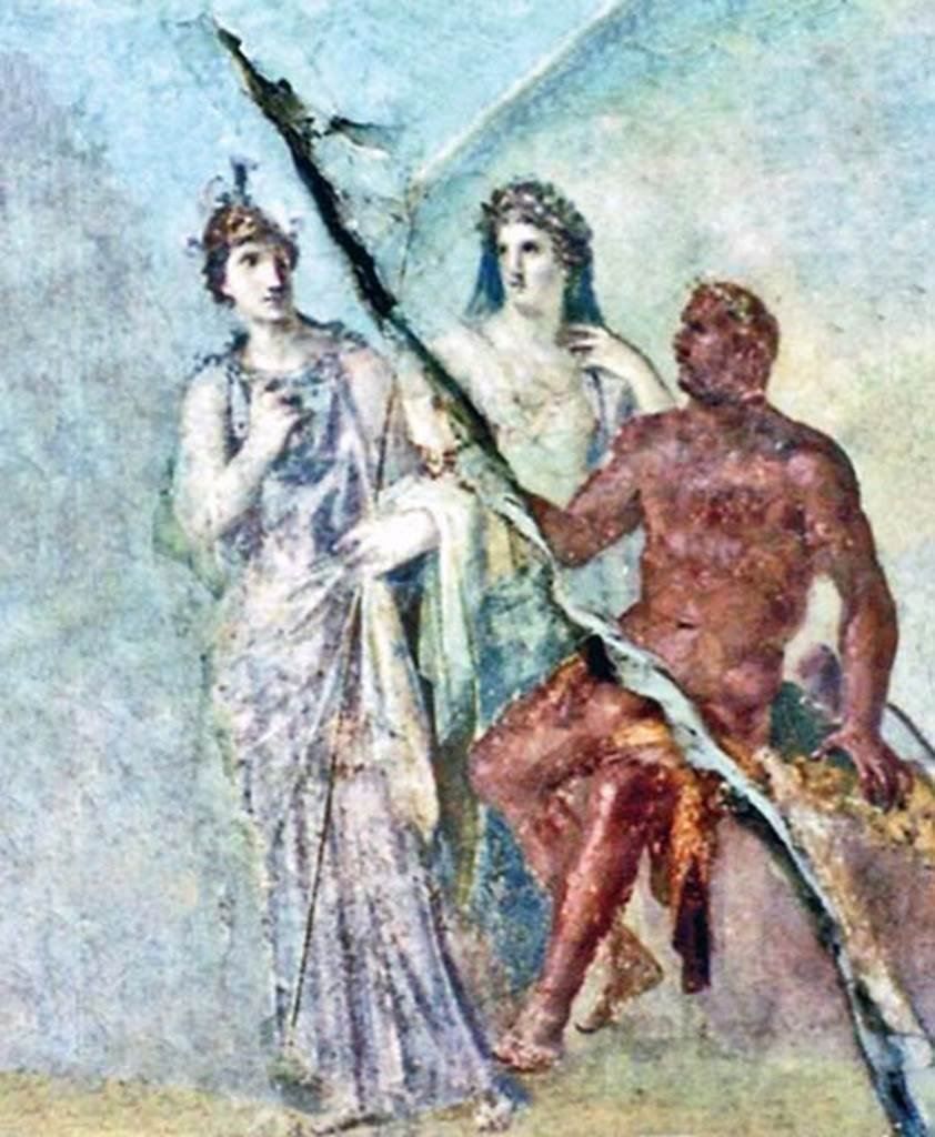 VI.21 Herculaneum. October 2001. Detail from central wall painting on east wall.
Hercules being welcomed to heaven by Jupiter, in the form of a rainbow, by Minerva (on left with helmet) and Juno (on right). Photo courtesy of Peter Woods.
