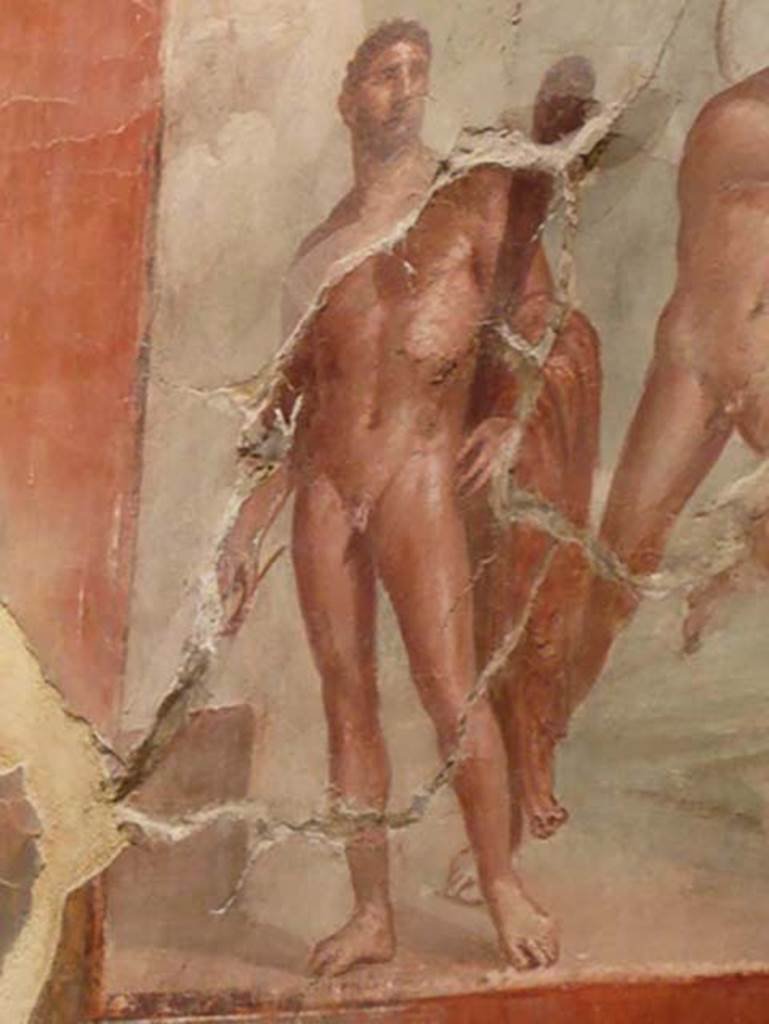VI.21 Herculaneum. August 2013. Detail of painted Hercules, from west wall.
Photo courtesy of Buzz Ferebee.


