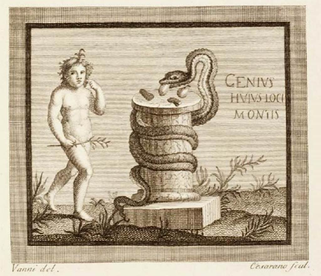 VI 26 Herculaneum. 17th century incision, including the inscription Genius huius loci montis (CIL IV. 1176). 
See Antichità di Ercolano: Tomo Primo: Le Pitture 1, 1757, Tav. 38, p.207.
