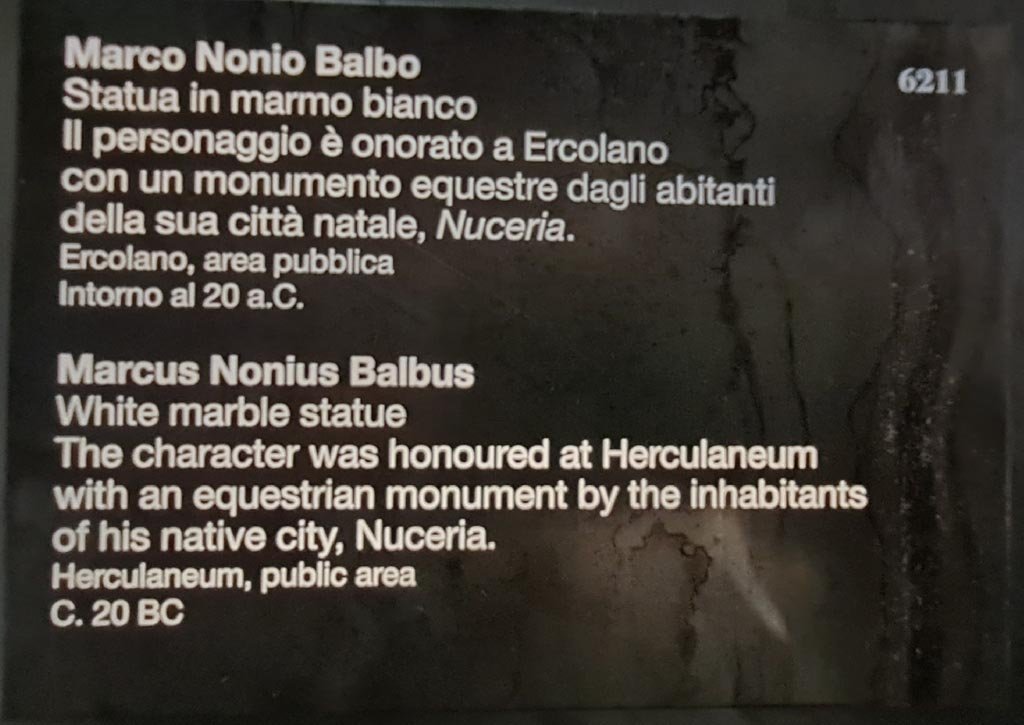 Herculaneum. April 2023. Descriptive card for statue of Marcus Nonius Balbus, inventory number 6211. Photo courtesy of Giuseppe Ciaramella.
